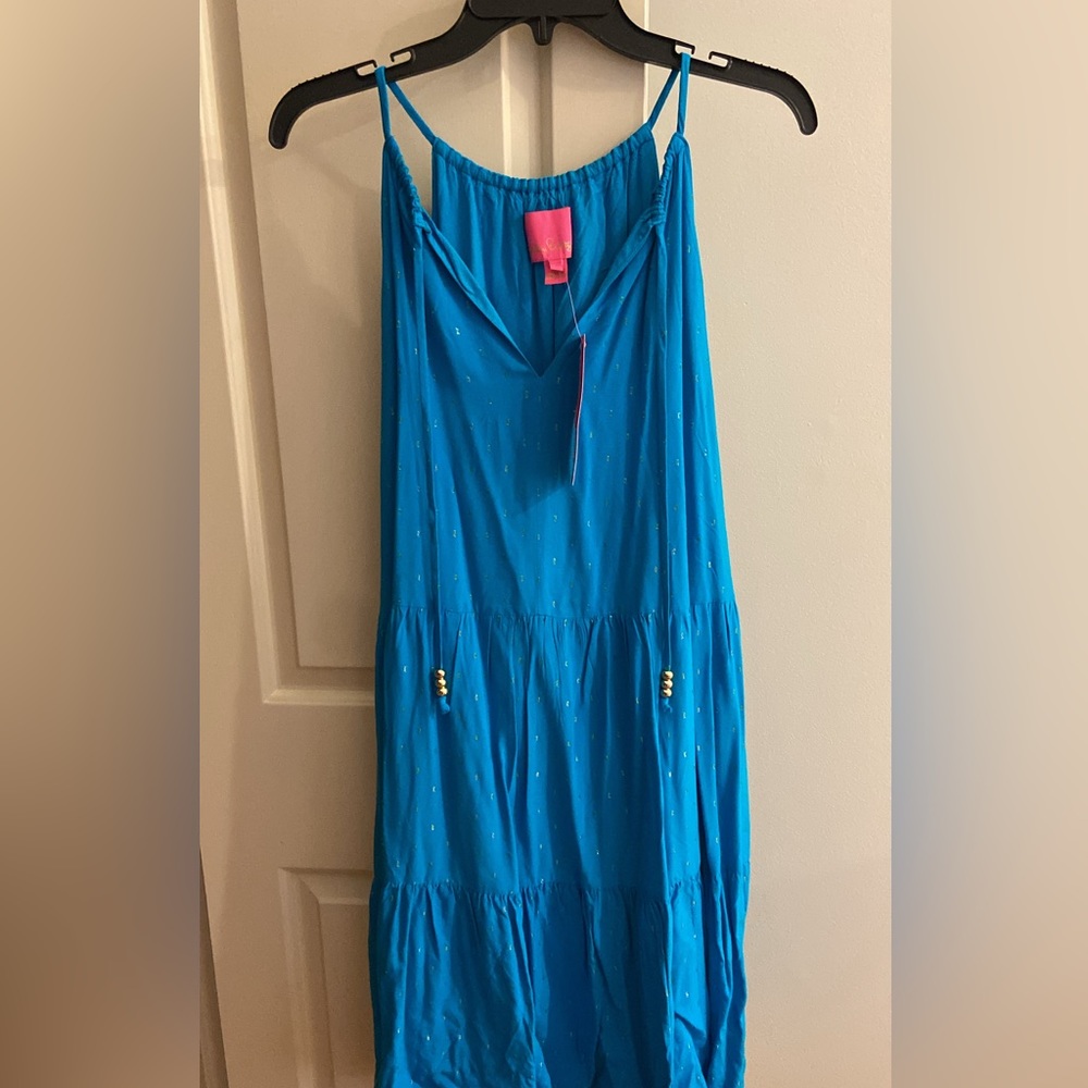 Lilly Pulitzer Formentera Turquoise Metallic Clip Rayon Voile dress
